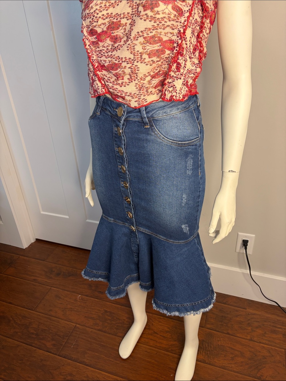 Button-Front Denim Flounce Midi Skirt in Classic Blue